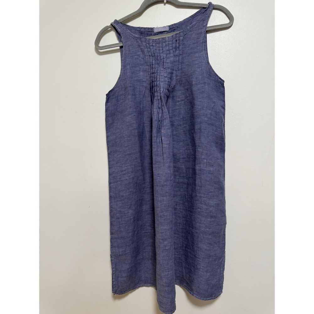 CP Shades Linen Tunic Dress Pintuck Pleat Roll-Tab‎ Blue Chambray Small